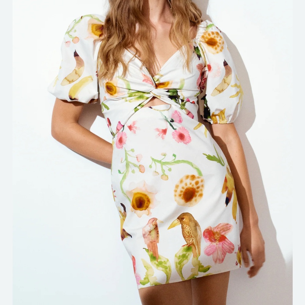 H&M White Floral Puff Sleeve Mini Dress